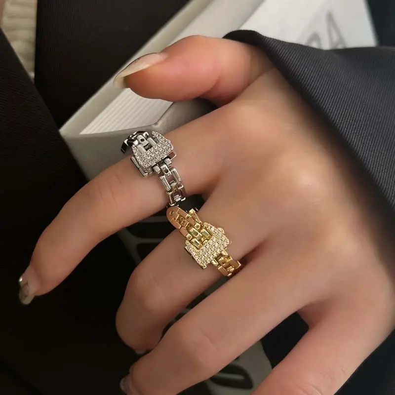 2025 New Design Silver Color Belt OT Buckle Chain Rings for Women Men Fashion Sparkling Zircon Adjustable Finger Ring Jewelry