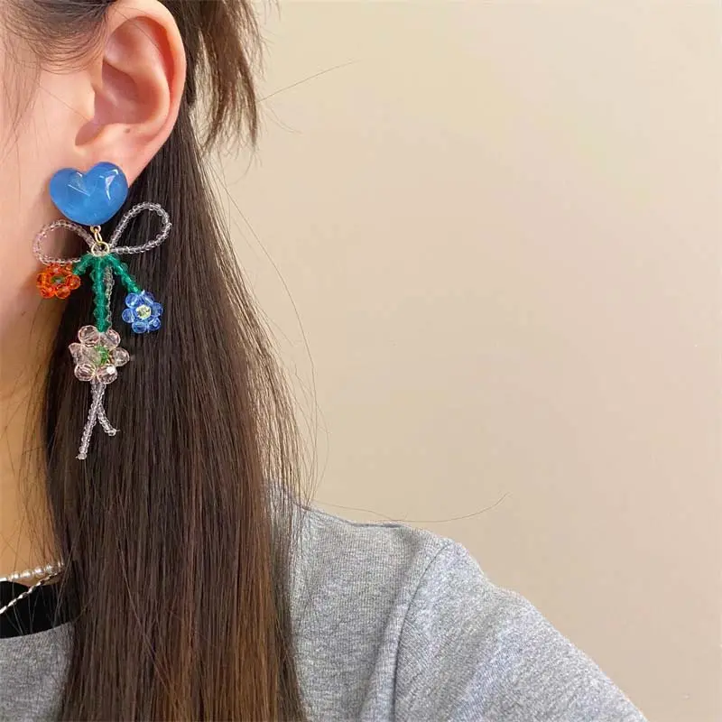 Korean Red Crystal Heart Flower Pendant Earrings For Women Sweet Handmade Beaded Bow Tassel Dange Earrings Jewelry Gifts 2025
