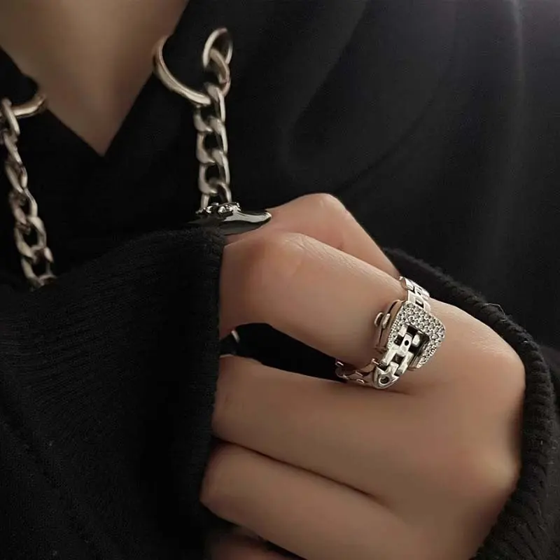 2025 New Design Silver Color Belt OT Buckle Chain Rings for Women Men Fashion Sparkling Zircon Adjustable Finger Ring Jewelry