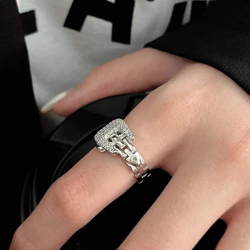 2025 New Design Silver Color Belt OT Buckle Chain Rings for Women Men Fashion Sparkling Zircon Adjustable Finger Ring Jewelry