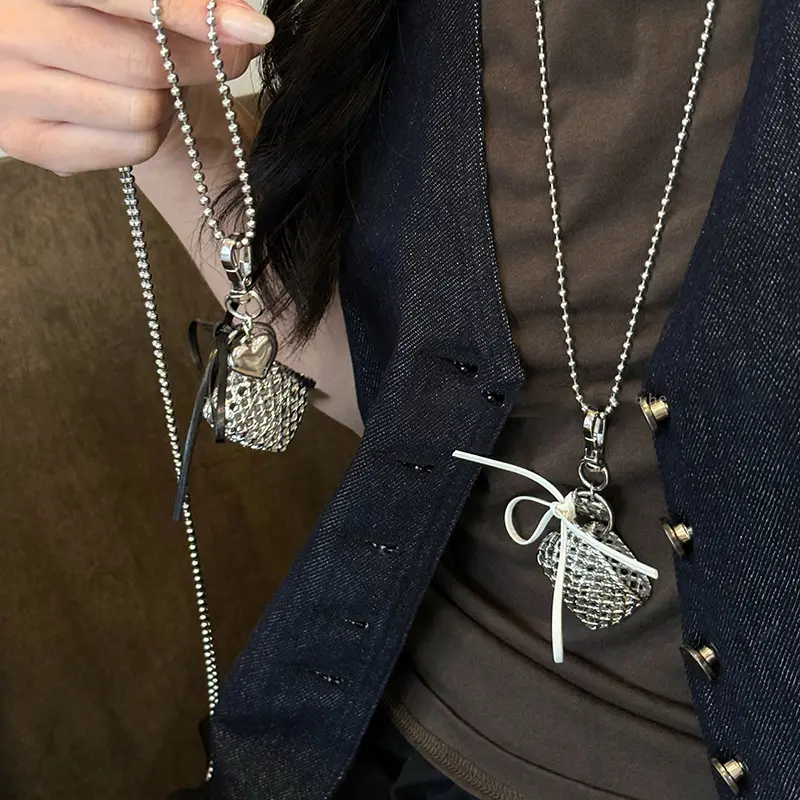 Fashion Metal Woven Bag Heart Bow Pendant Necklace For Women Simple Silver Color Long Adjustable Sweater Chain Aesthetic Jewelry