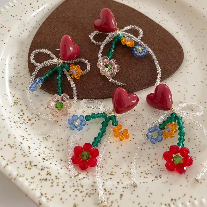 Korean Red Crystal Heart Flower Pendant Earrings For Women Sweet Handmade Beaded Bow Tassel Dange Earrings Jewelry Gifts 2025