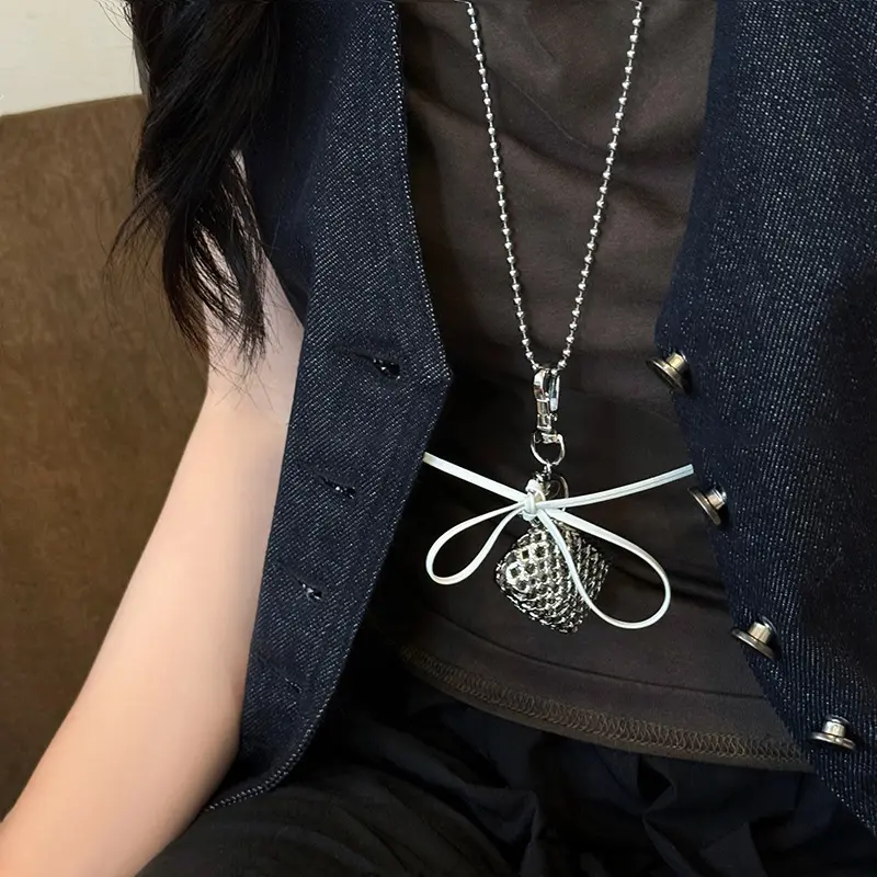 Fashion Metal Woven Bag Heart Bow Pendant Necklace For Women Simple Silver Color Long Adjustable Sweater Chain Aesthetic Jewelry