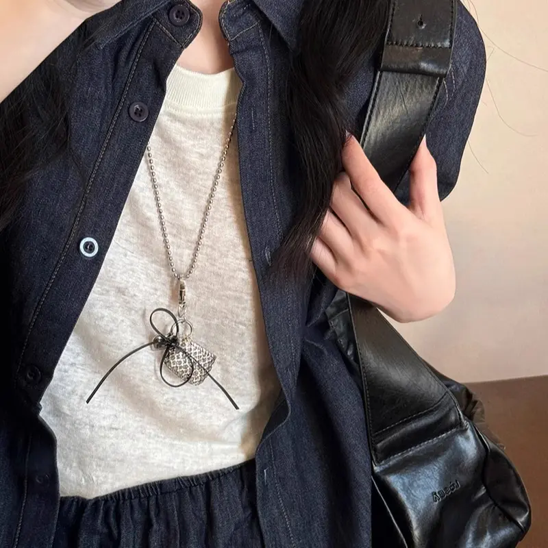 Fashion Metal Woven Bag Heart Bow Pendant Necklace For Women Simple Silver Color Long Adjustable Sweater Chain Aesthetic Jewelry