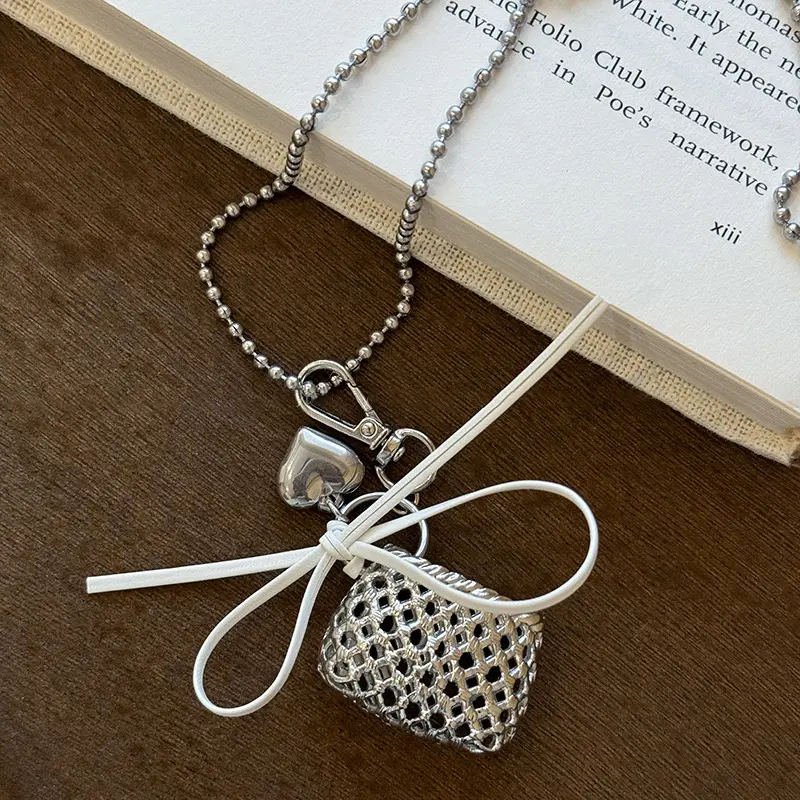 Fashion Metal Woven Bag Heart Bow Pendant Necklace For Women Simple Silver Color Long Adjustable Sweater Chain Aesthetic Jewelry