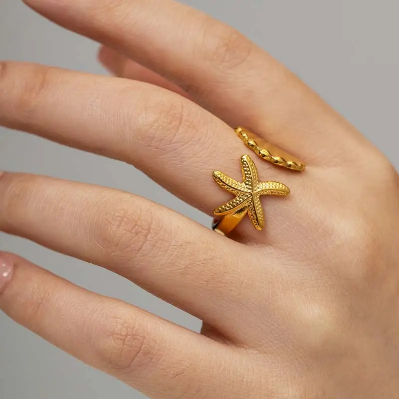 Stainless Steel Shell Starfish Open Rings For Women Vintage Gold Color Irregular Geometric Adjustable Ring Beach Jewelry anillos