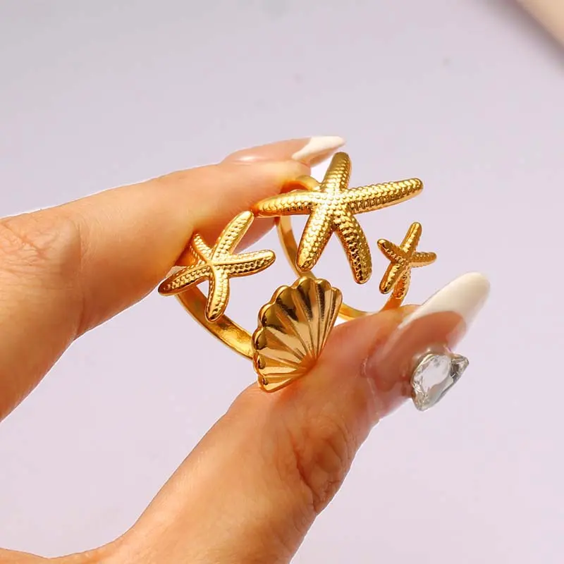Stainless Steel Shell Starfish Open Rings For Women Vintage Gold Color Irregular Geometric Adjustable Ring Beach Jewelry anillos