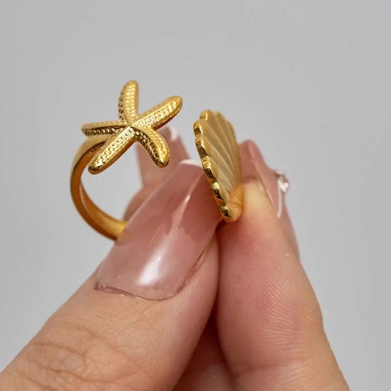 Stainless Steel Shell Starfish Open Rings For Women Vintage Gold Color Irregular Geometric Adjustable Ring Beach Jewelry anillos