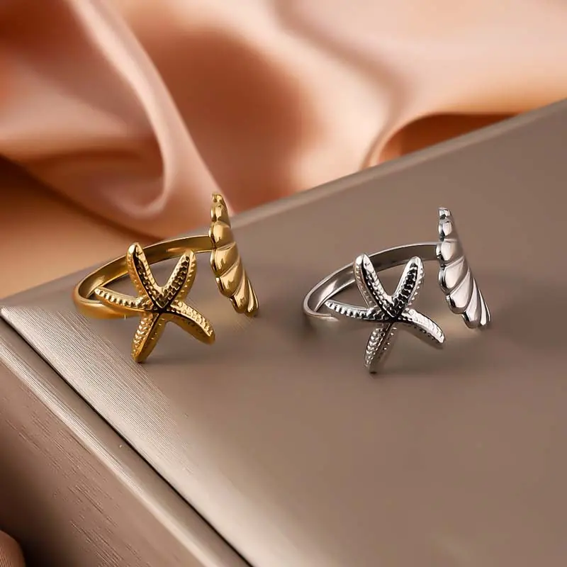 Stainless Steel Shell Starfish Open Rings For Women Vintage Gold Color Irregular Geometric Adjustable Ring Beach Jewelry anillos