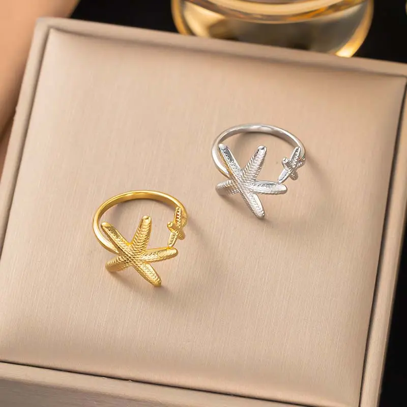 Stainless Steel Shell Starfish Open Rings For Women Vintage Gold Color Irregular Geometric Adjustable Ring Beach Jewelry anillos