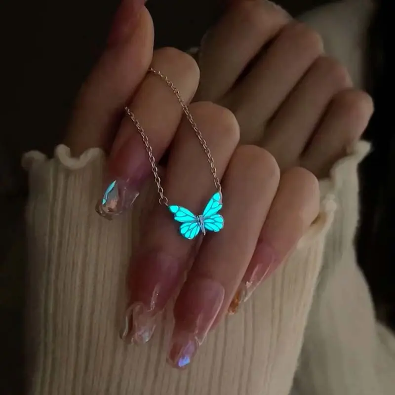 New Trendy Blue Luminous Butterfly Pendant Necklaces for Women Simple Silver Color Clavicle Chain Necklaces Party Jewelry Gifts