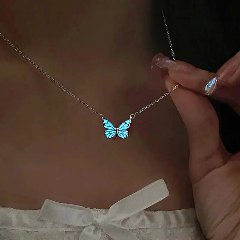 New Trendy Blue Luminous Butterfly Pendant Necklaces for Women Simple Silver Color Clavicle Chain Necklaces Party Jewelry Gifts