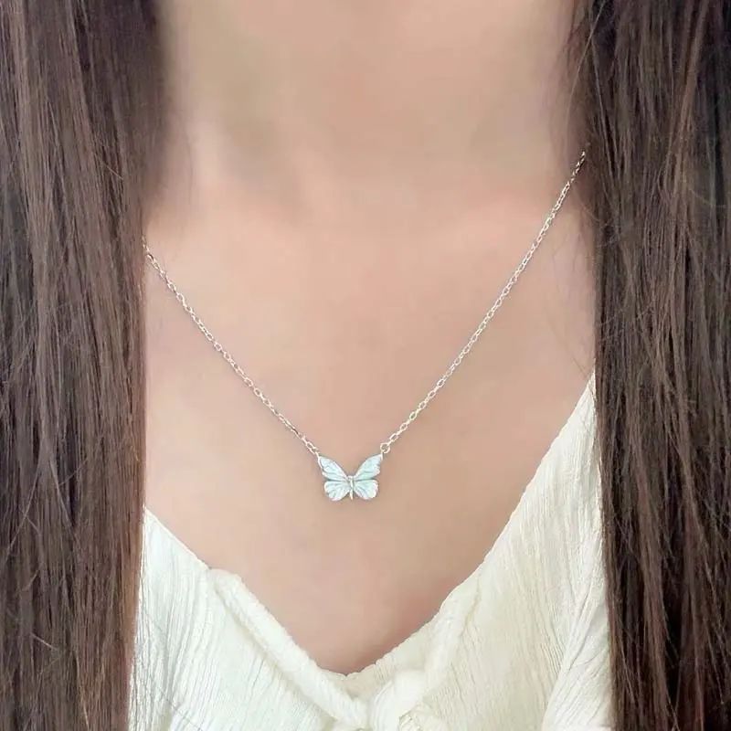 New Trendy Blue Luminous Butterfly Pendant Necklaces for Women Simple Silver Color Clavicle Chain Necklaces Party Jewelry Gifts
