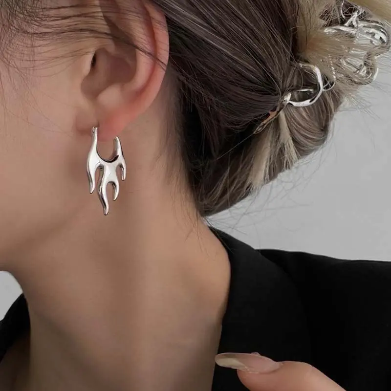 Punk Silver Color Flame Hoop Earrings for Women Exaggerated Metal Irregular Geometric Piercing Earring Jewelry Gifts