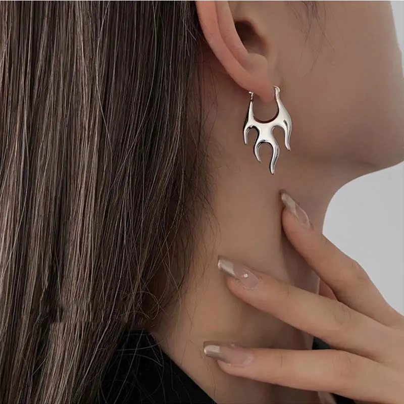 Punk Silver Color Flame Hoop Earrings for Women Exaggerated Metal Irregular Geometric Piercing Earring Jewelry Gifts