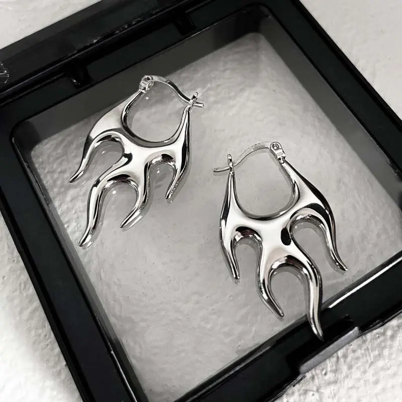 Punk Silver Color Flame Hoop Earrings for Women Exaggerated Metal Irregular Geometric Piercing Earring Jewelry Gifts