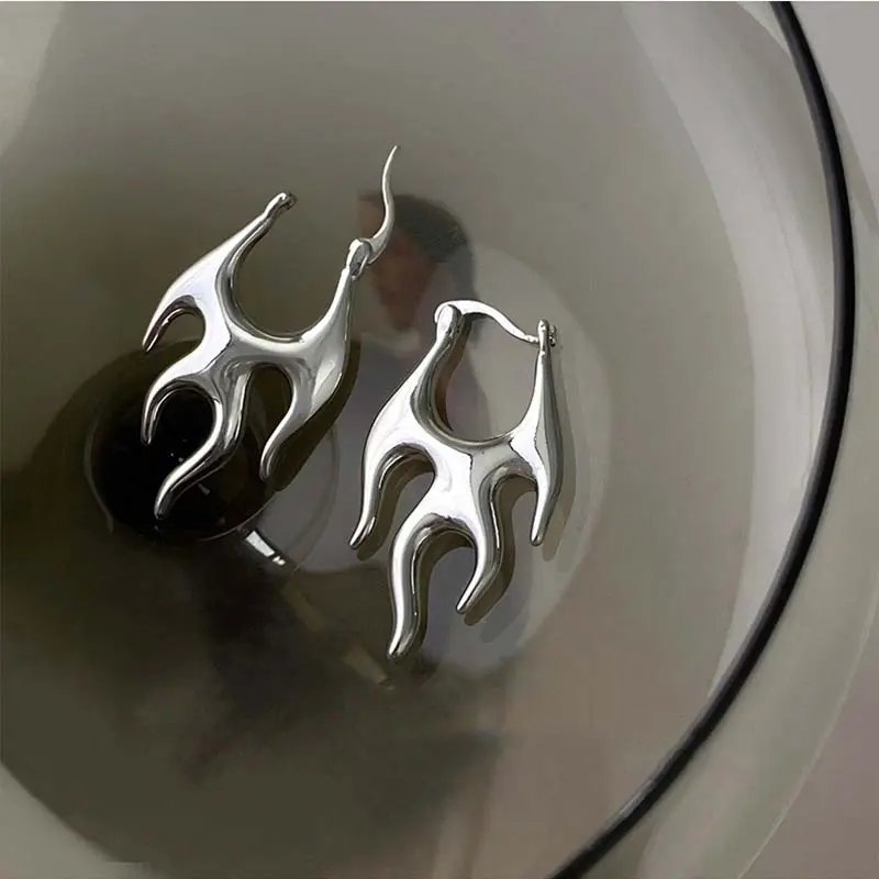 Punk Silver Color Flame Hoop Earrings for Women Exaggerated Metal Irregular Geometric Piercing Earring Jewelry Gifts