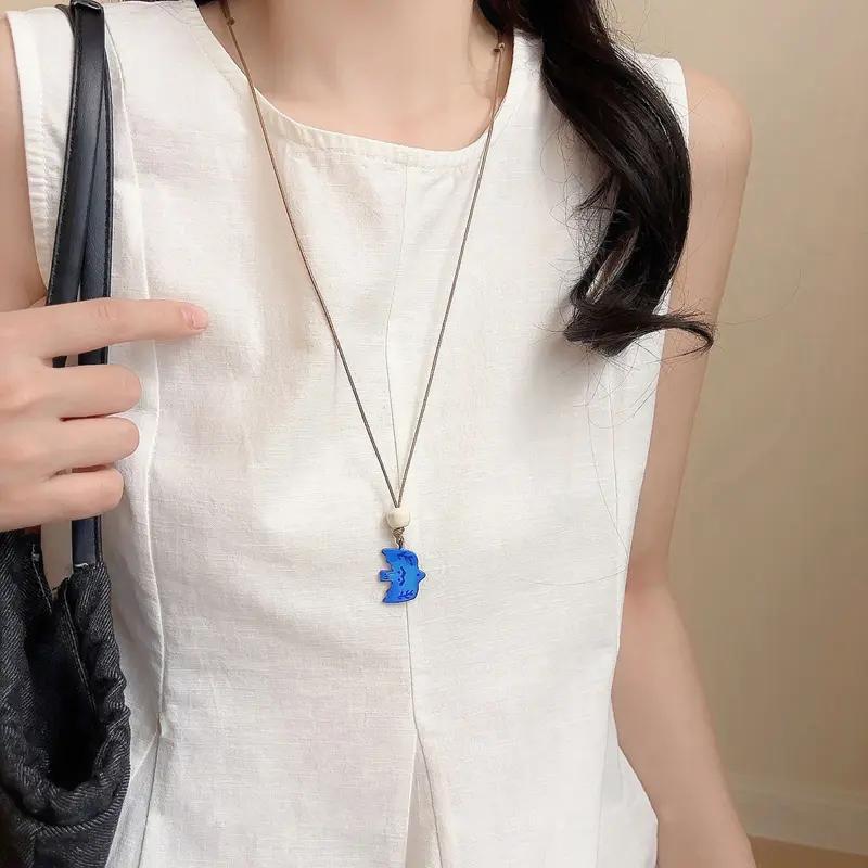 Korean Blue Resin Swallow Pendant Necklace for Women Simple Bird Black Woven Rope Clavicle Chain Sweater Chain Unique Jewelry