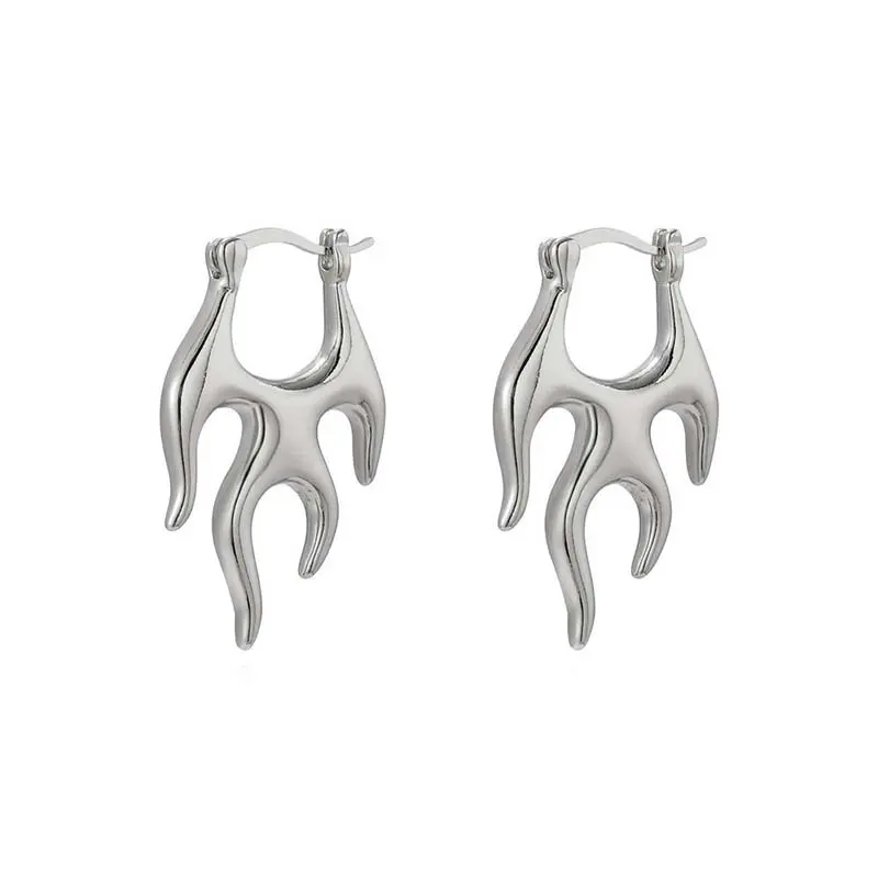 Punk Silver Color Flame Hoop Earrings for Women Exaggerated Metal Irregular Geometric Piercing Earring Jewelry Gifts