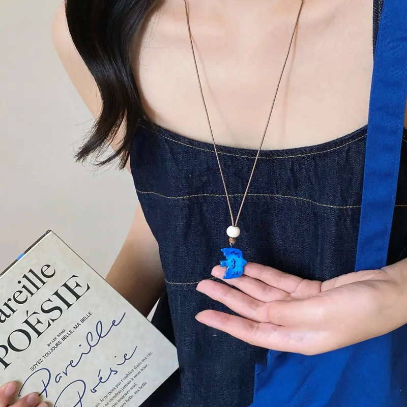 Korean Blue Resin Swallow Pendant Necklace for Women Simple Bird Black Woven Rope Clavicle Chain Sweater Chain Unique Jewelry