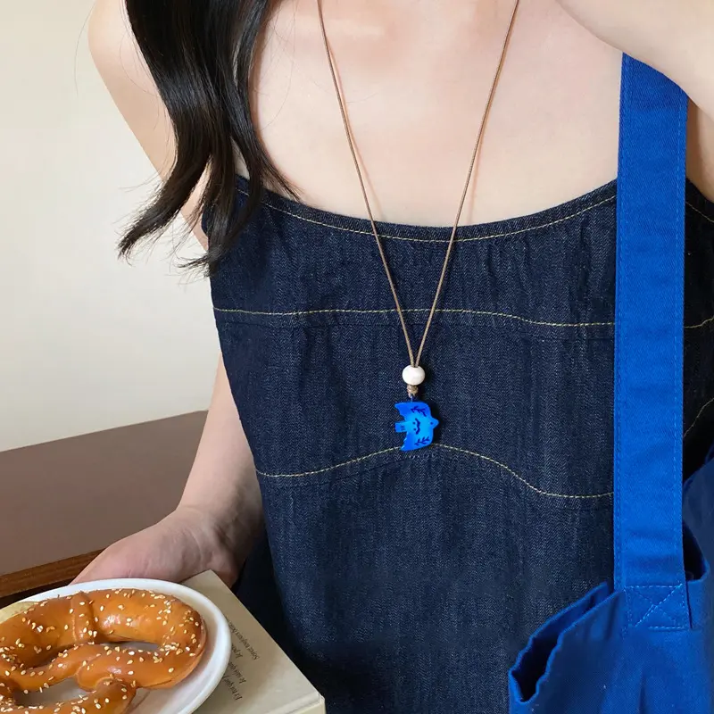 Korean Blue Resin Swallow Pendant Necklace for Women Simple Bird Black Woven Rope Clavicle Chain Sweater Chain Unique Jewelry