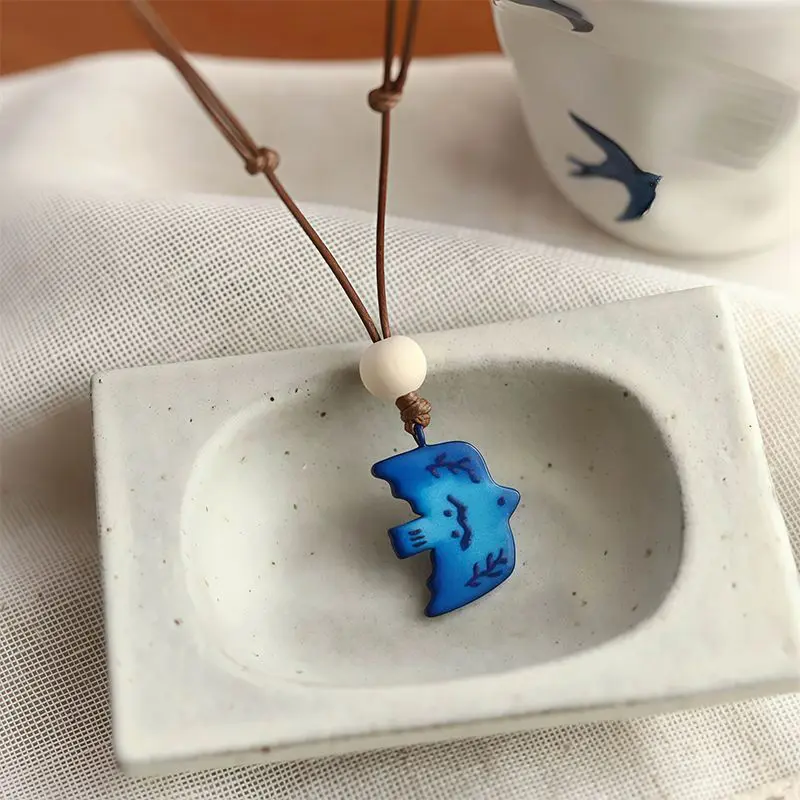 Korean Blue Resin Swallow Pendant Necklace for Women Simple Bird Black Woven Rope Clavicle Chain Sweater Chain Unique Jewelry
