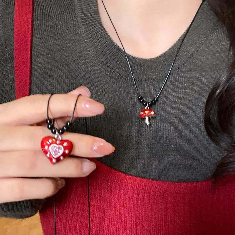 Y2K Red Drip Glaze Mushroom Heart Pendant Necklace Trendy Black Rope Drawstring Cute Exquisite Collarbone Chain for Women Girl