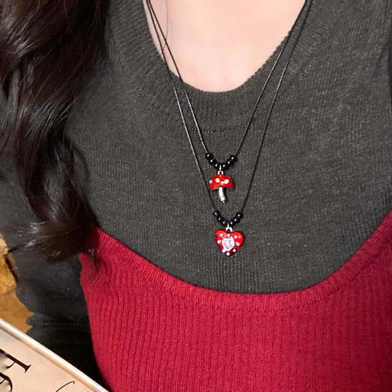 Y2K Red Drip Glaze Mushroom Heart Pendant Necklace Trendy Black Rope Drawstring Cute Exquisite Collarbone Chain for Women Girl