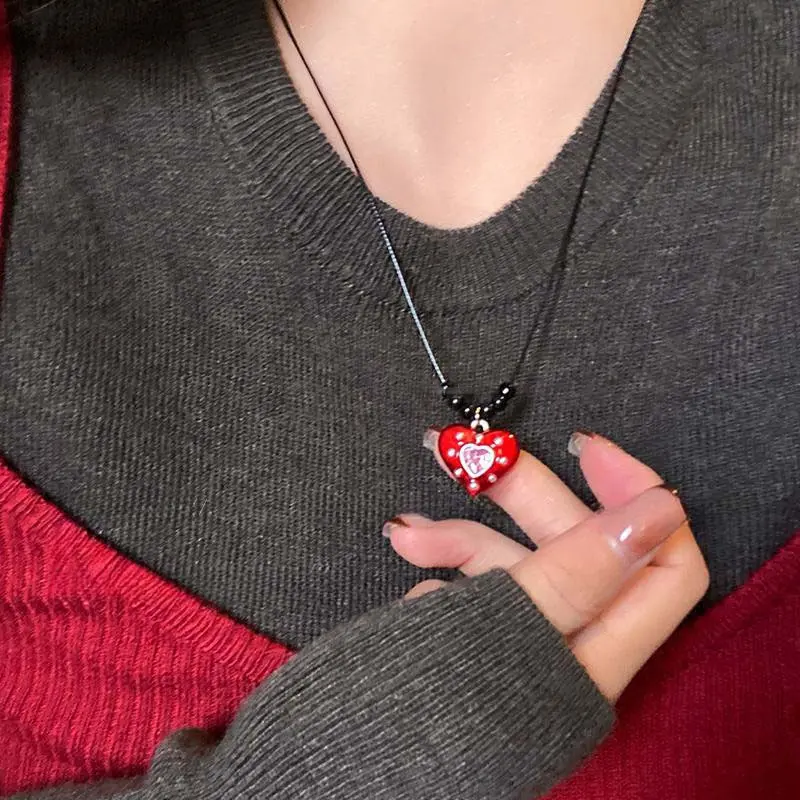 Y2K Red Drip Glaze Mushroom Heart Pendant Necklace Trendy Black Rope Drawstring Cute Exquisite Collarbone Chain for Women Girl