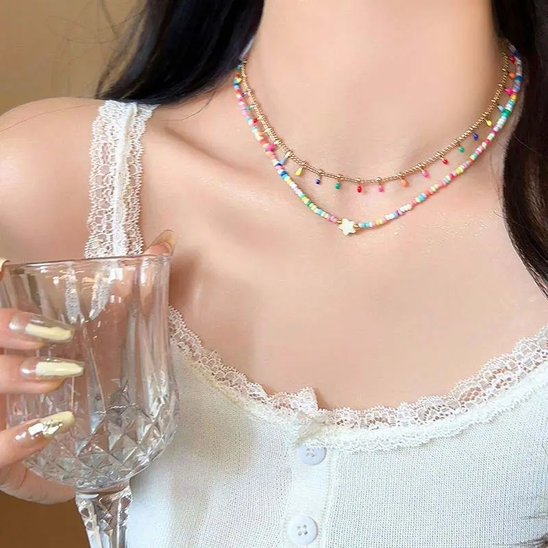 Fashion Colorful Crystal Beaded Star Choker Necklace for Women Sweet Handmade Double Layer Clavicle Chain Party Jewelry