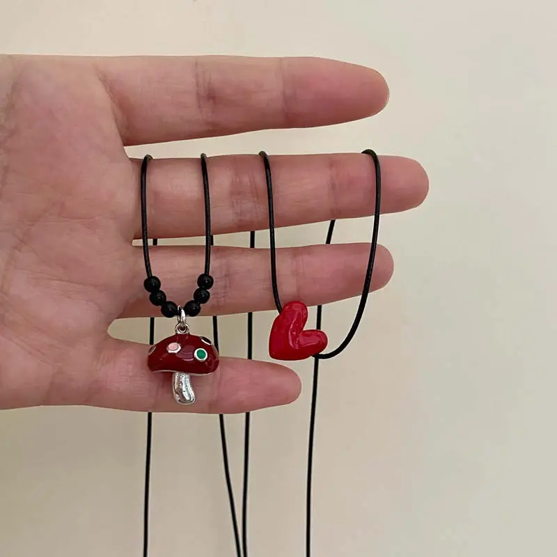 Y2K Red Drip Glaze Mushroom Heart Pendant Necklace Trendy Black Rope Drawstring Cute Exquisite Collarbone Chain for Women Girl