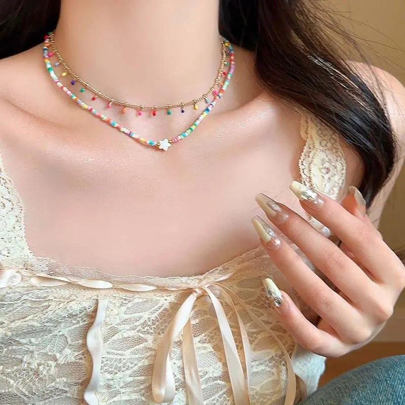 Fashion Colorful Crystal Beaded Star Choker Necklace for Women Sweet Handmade Double Layer Clavicle Chain Party Jewelry