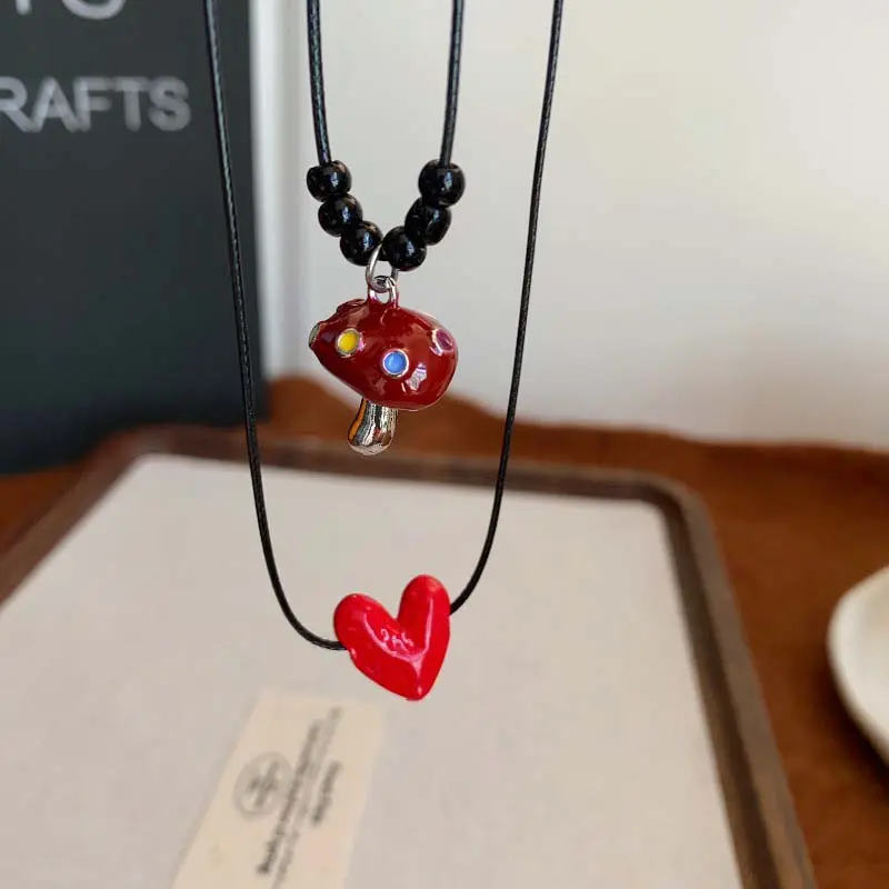 Y2K Red Drip Glaze Mushroom Heart Pendant Necklace Trendy Black Rope Drawstring Cute Exquisite Collarbone Chain for Women Girl
