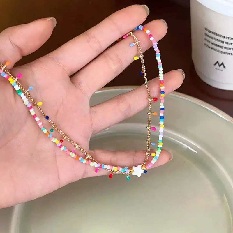 Fashion Colorful Crystal Beaded Star Choker Necklace for Women Sweet Handmade Double Layer Clavicle Chain Party Jewelry