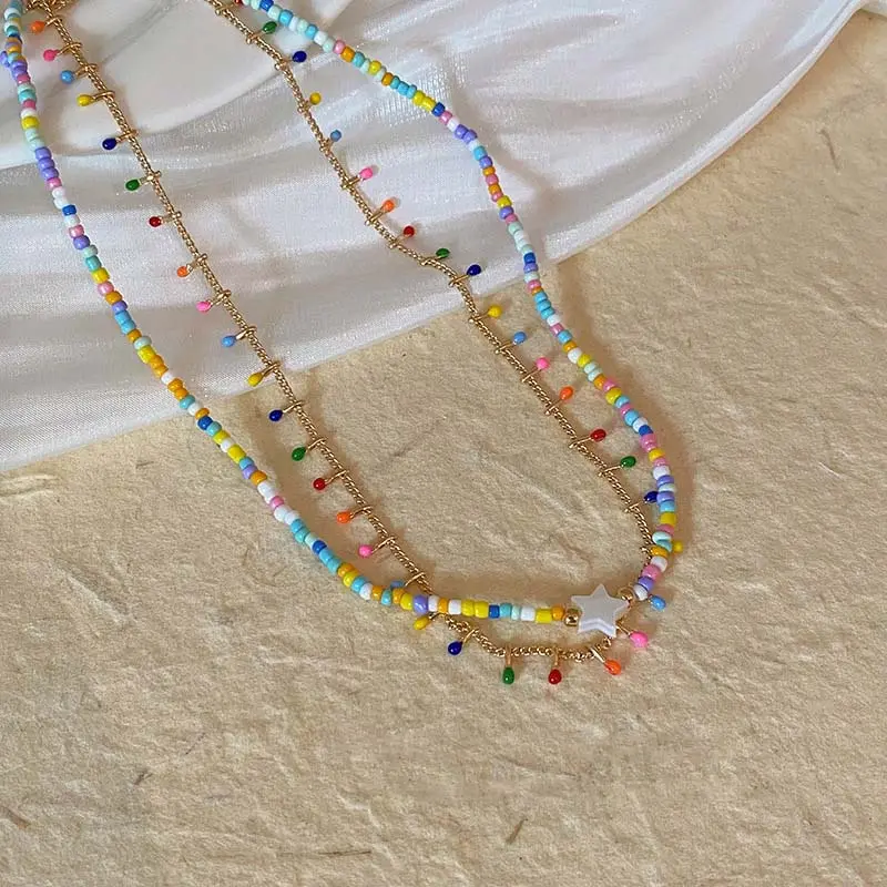 Fashion Colorful Crystal Beaded Star Choker Necklace for Women Sweet Handmade Double Layer Clavicle Chain Party Jewelry