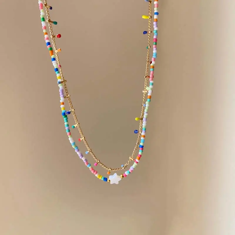 Fashion Colorful Crystal Beaded Star Choker Necklace for Women Sweet Handmade Double Layer Clavicle Chain Party Jewelry