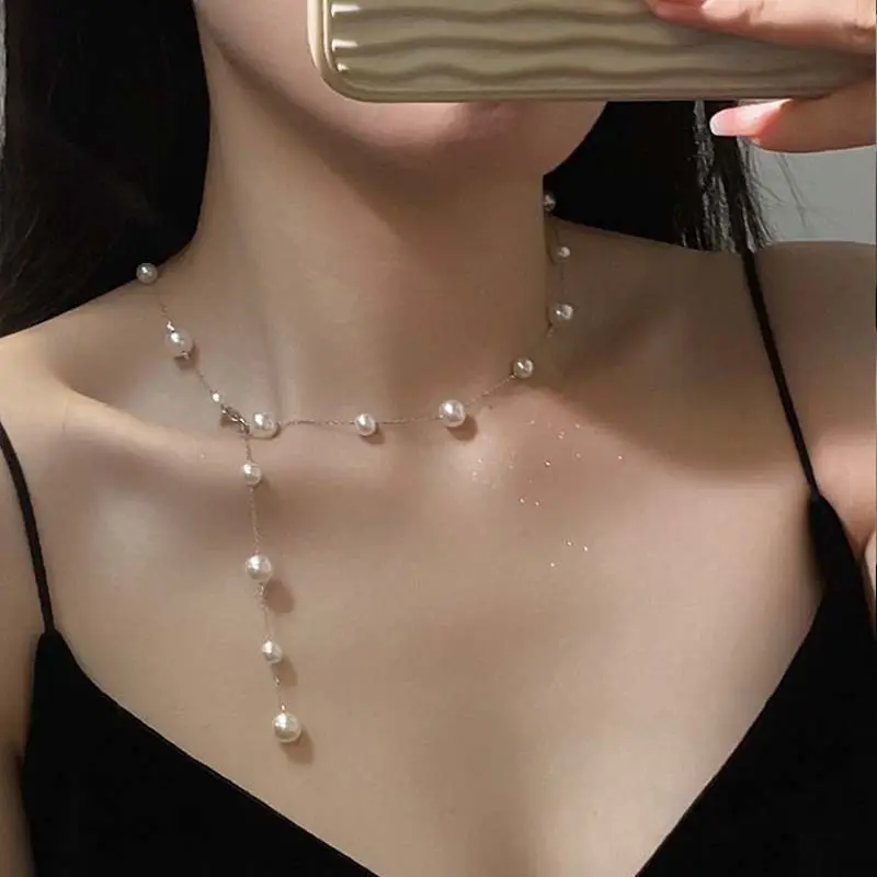 2025 New Fashion Imitation Pearl Tassel Pendant Necklace For Women Elegant Simple Y Shaped Long Chain Necklace Jewelry