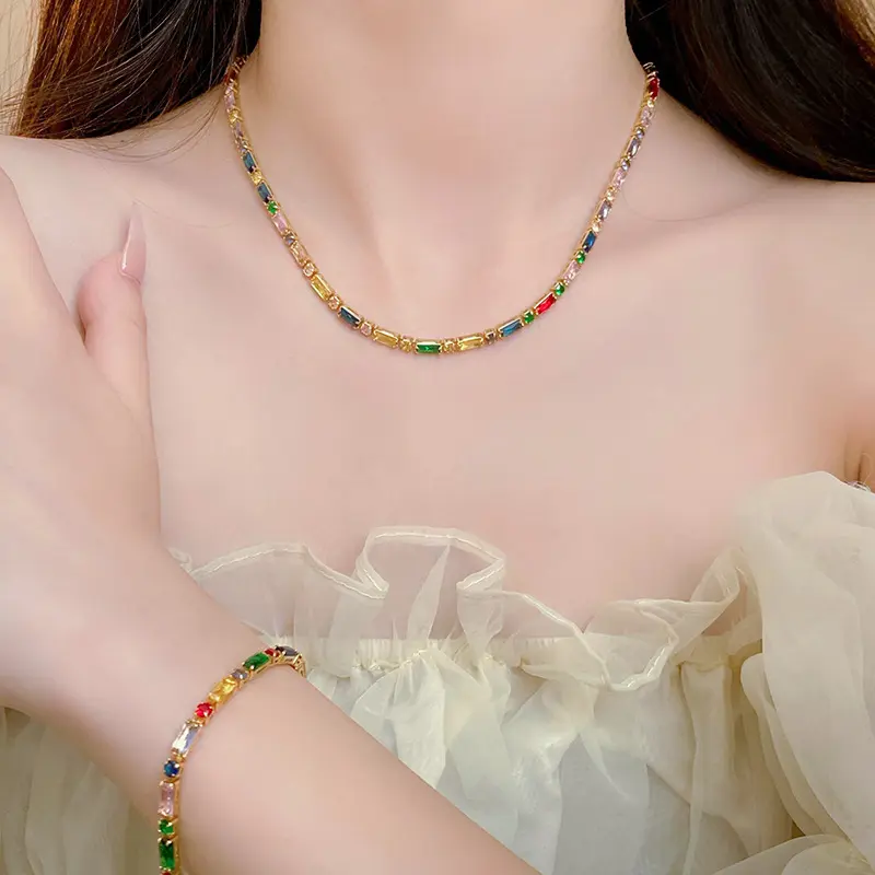 Luxury Colorful Zircon Square Chain Necklace Bracelet For Women Exquisite Crystal Clavicle Chain Necklace Wedding Jewelry 2024