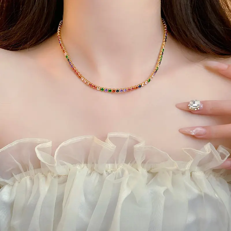 Luxury Colorful Zircon Square Chain Necklace Bracelet For Women Exquisite Crystal Clavicle Chain Necklace Wedding Jewelry 2024
