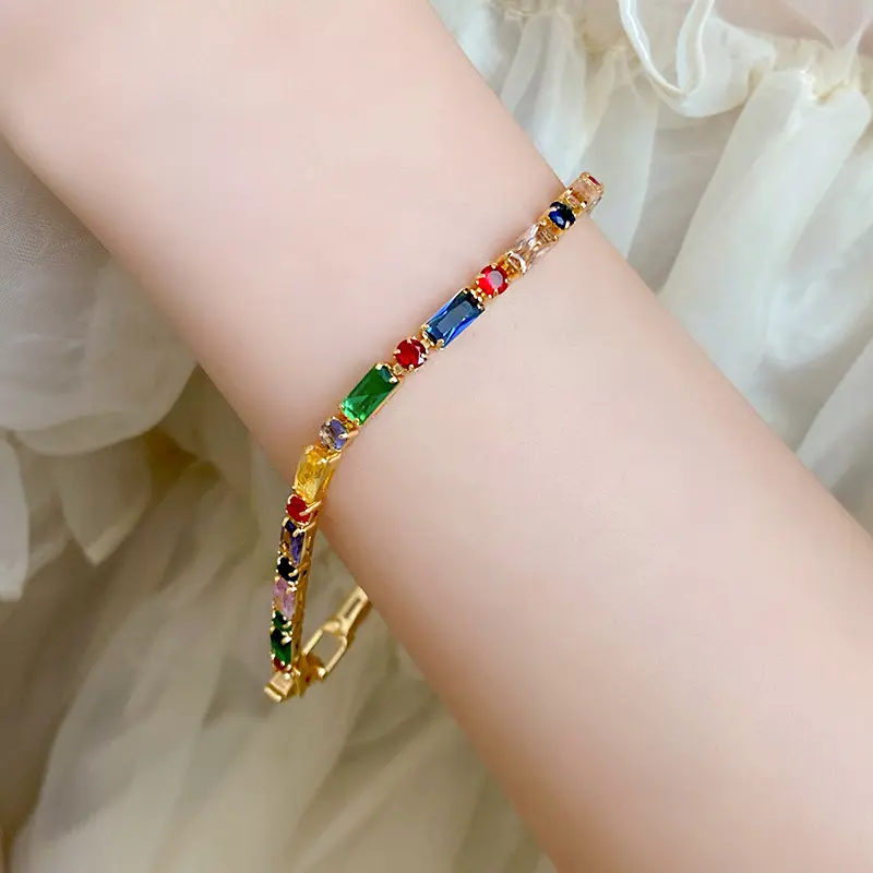 Luxury Colorful Zircon Square Chain Necklace Bracelet For Women Exquisite Crystal Clavicle Chain Necklace Wedding Jewelry 2024