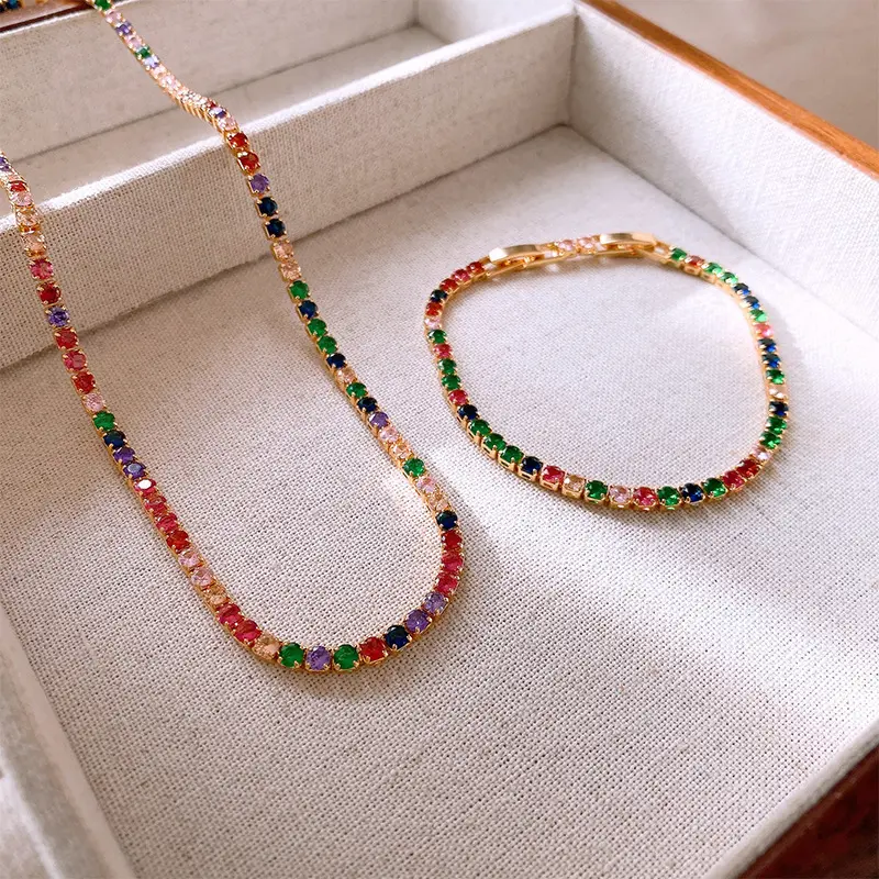 Luxury Colorful Zircon Square Chain Necklace Bracelet For Women Exquisite Crystal Clavicle Chain Necklace Wedding Jewelry 2024