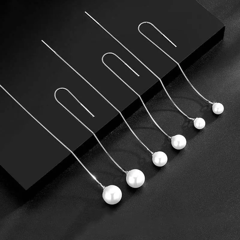 2024 New Fashion Silver Color Long Tassel Thread Chain Pearl Earrings for Women Stainless Steel Piercing Hanging Earring Jewelry