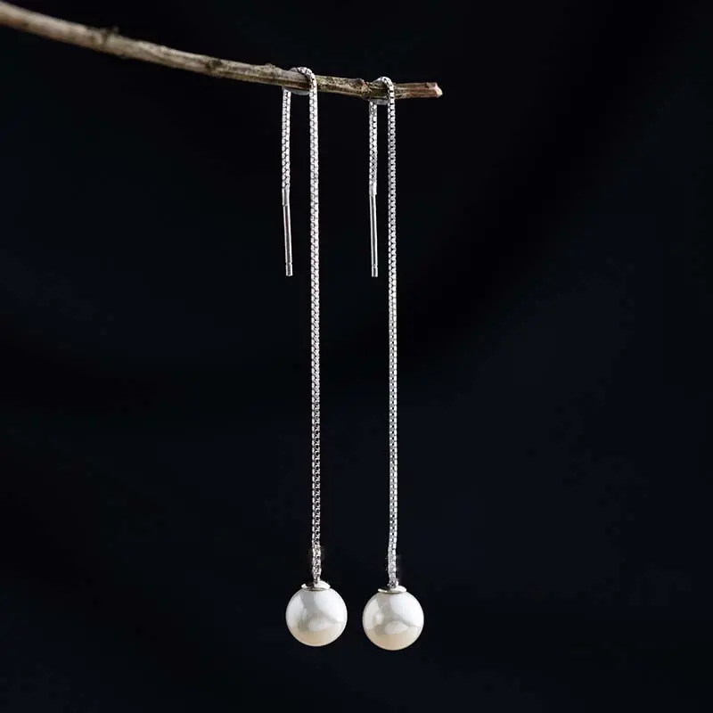 2024 New Fashion Silver Color Long Tassel Thread Chain Pearl Earrings for Women Stainless Steel Piercing Hanging Earring Jewelry