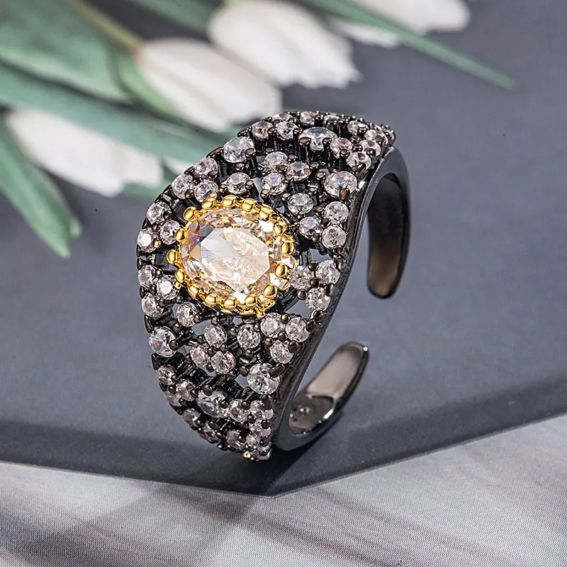 2025 New Vintage Wide Sided Geometric Crystal Opening Rings for Women Luxury Shiny Contrasting Index Finger Rings Jewelry Gifts