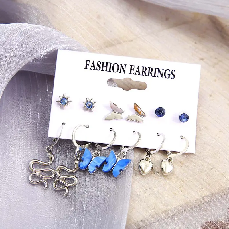 6Pcs/Set Snake Butterfly Earrings Set for Women Girls Vintage Metal Silver Color Rhinestones Heart Drop Earrings Jewelry Gift