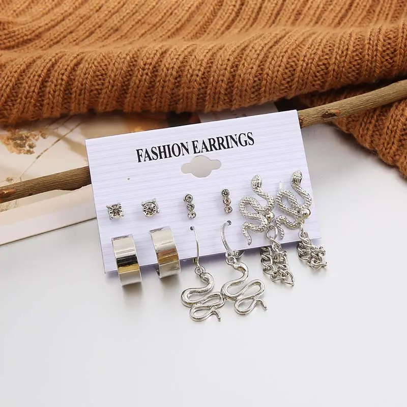 6Pcs/Set Snake Butterfly Earrings Set for Women Girls Vintage Metal Silver Color Rhinestones Heart Drop Earrings Jewelry Gift