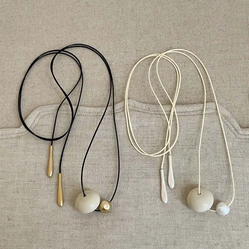 Korean White Cord Bead Pendant Necklace For Women Simple Long Adjustable Sweater Chain Aesthetic Jewelry Gifts 2025