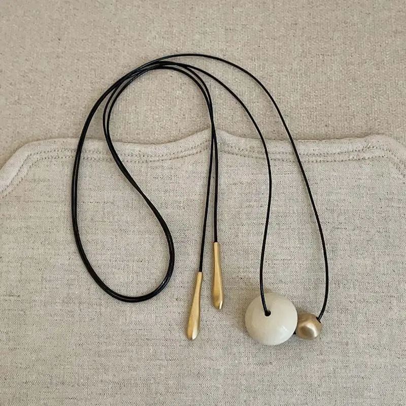 Korean White Cord Bead Pendant Necklace For Women Simple Long Adjustable Sweater Chain Aesthetic Jewelry Gifts 2025