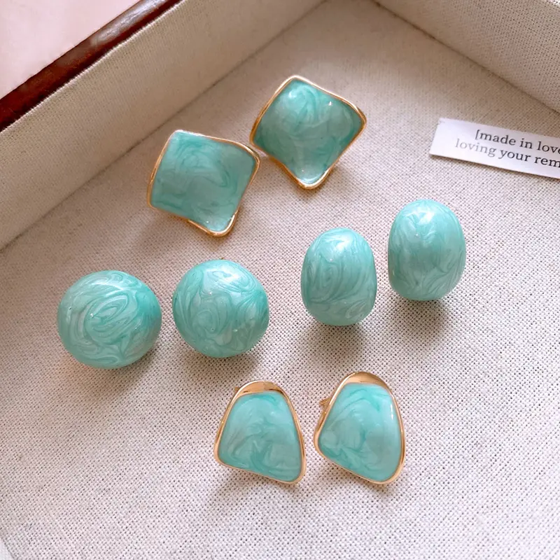 Elegant Blue Drip Oil Irregular Stud Earrings for Women Temperament Metal Geometric Circular Stud Earrings Fashion Date Jewelry