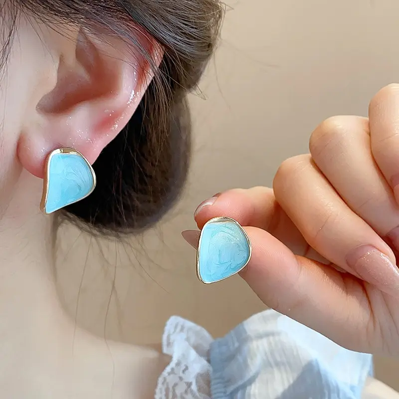 Elegant Blue Drip Oil Irregular Stud Earrings for Women Temperament Metal Geometric Circular Stud Earrings Fashion Date Jewelry